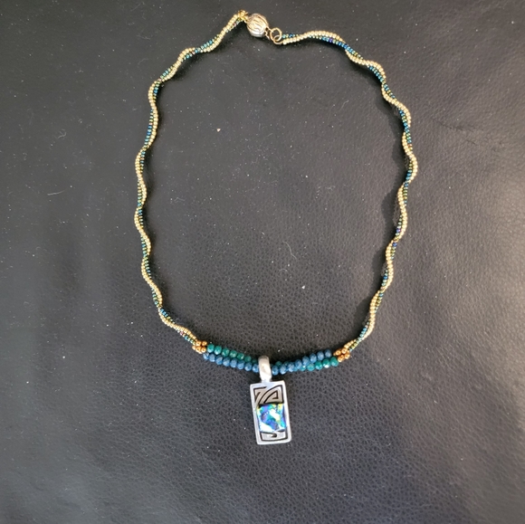 18" Beaded Gold and Green necklace with 1" silver Pendant with rainbow stone - Picture 7 of 11